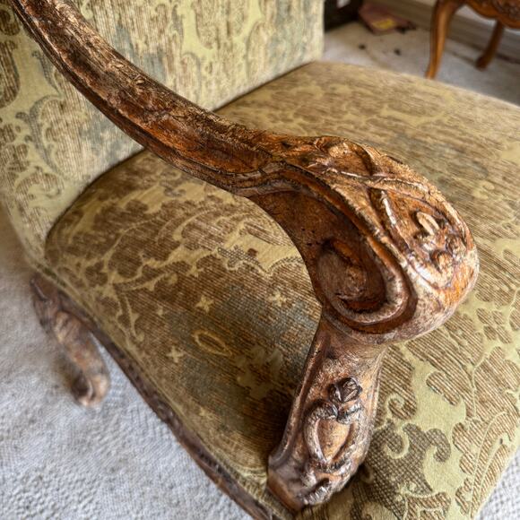 Carved Italian Provential Style High Back Arm Chair Distressed Finish - Picture 5 of 10